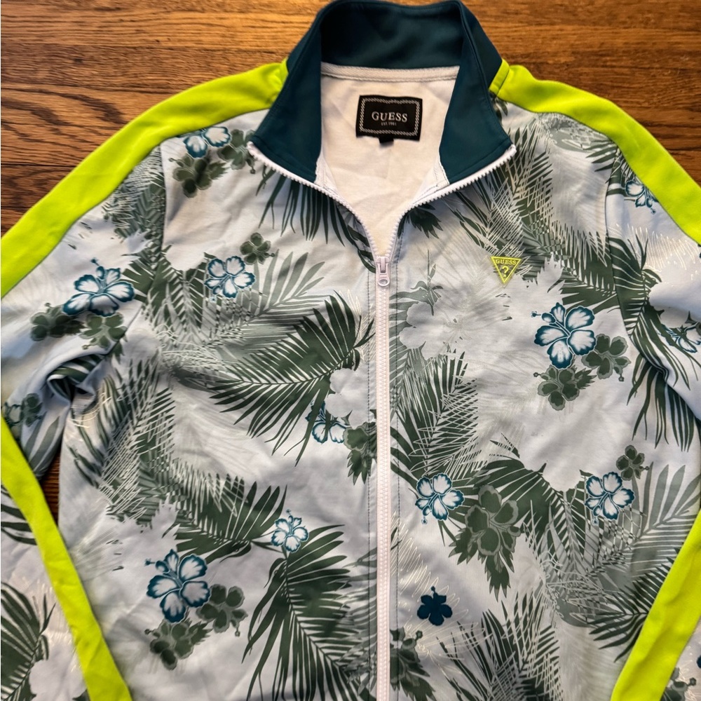 #606 GUESS Floral/ PALM PRINT WARMUP Jacket - Green and Blue - Picture 4 of 15